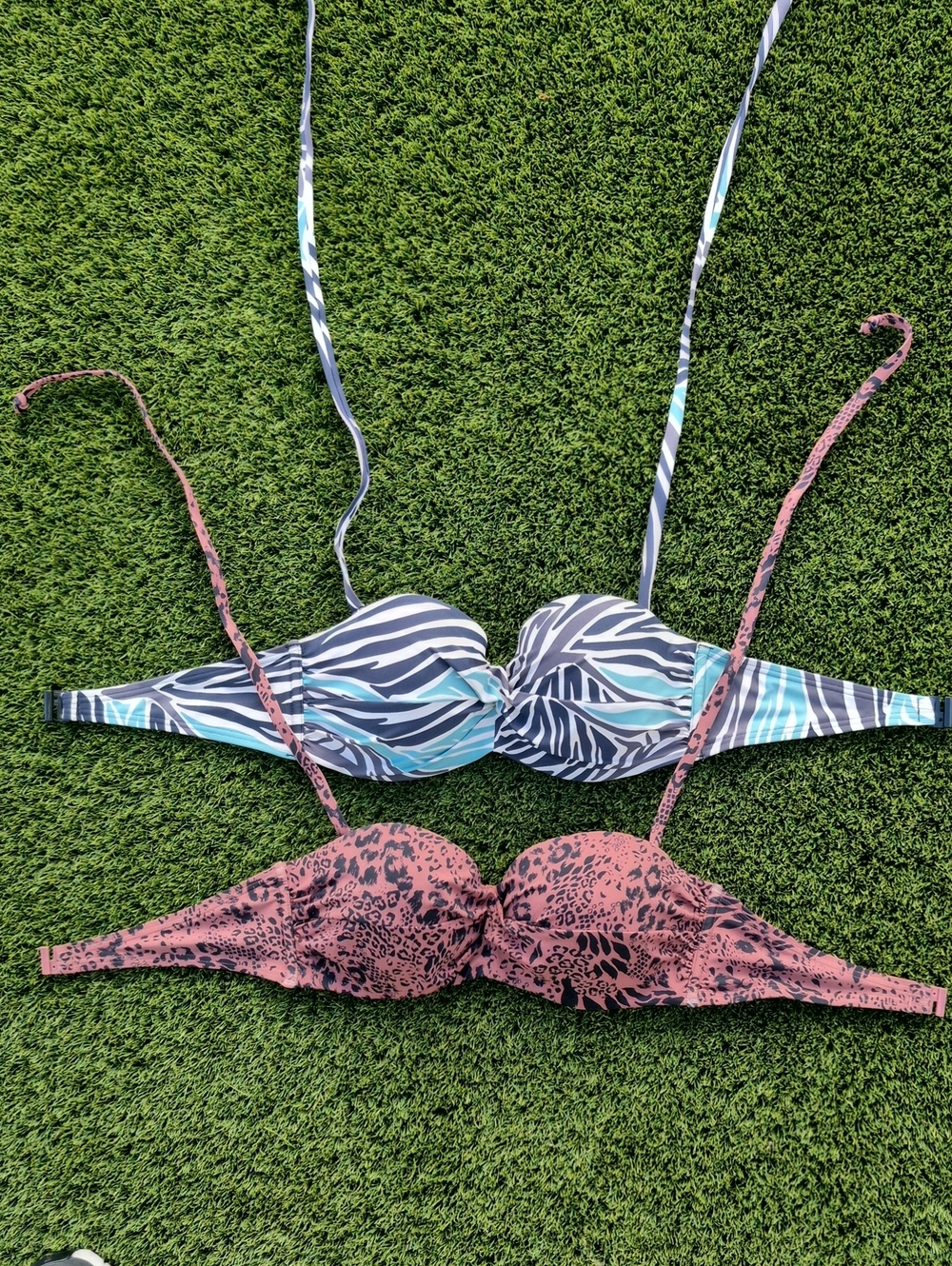 Striped Teal and Navy Push-Up Swim Bikini Top with Pink Leopard Bikini Top